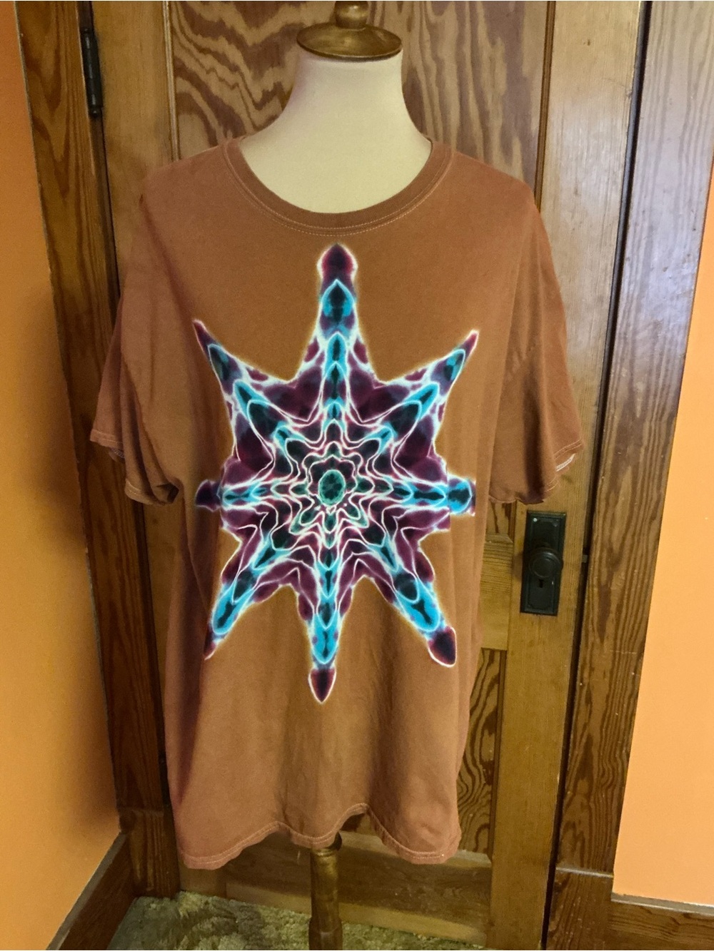 Hand Dyed Tie Dye T-Shirt XL Rust Brown Psychedelic Star Mandala Boho Hippie - Picture 5 of 10